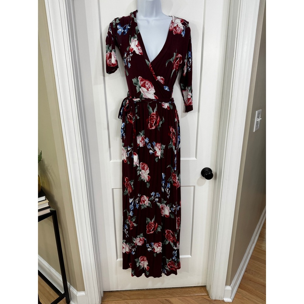 Nana Macs Burgundy Floral Wrap Maxi Dress V-Neck 3/4 Sleeve Small Made in USA